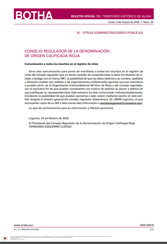 CONSEJO REGULADOR DE LA DENOMINACIÓN DE ORIGEN CALIFICADA RIOJA.                                                   